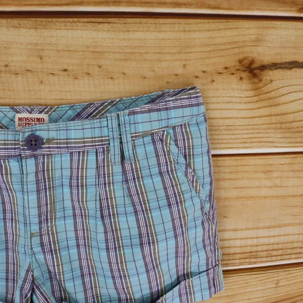 Mossimo Cuffed Chino Shorts Juniors Sz 3 Blue Plaid 100% Cotton Pockets Mid Rise